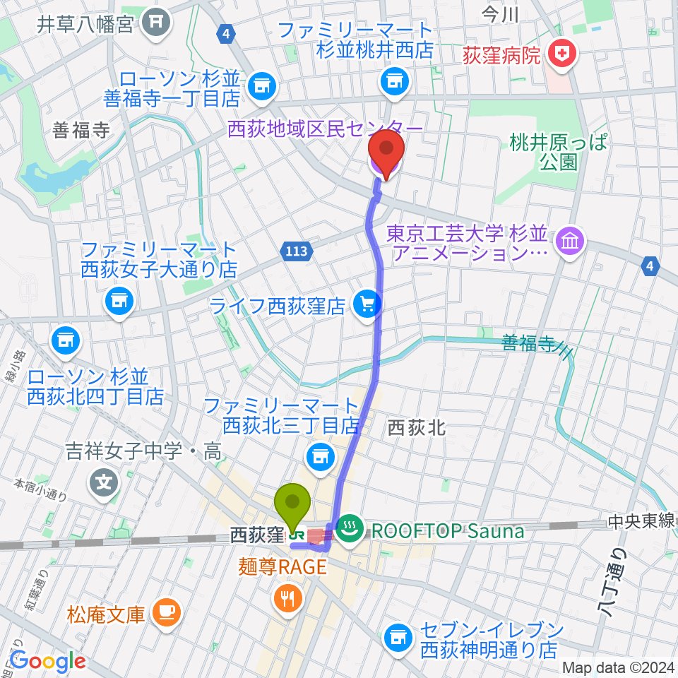 西荻地域区民センターの最寄駅西荻窪駅からの徒歩ルート（約17分）地図