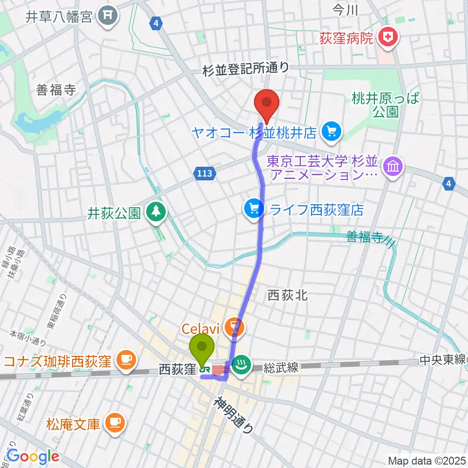 西荻地域区民センターの最寄駅西荻窪駅からの徒歩ルート（約17分）地図
