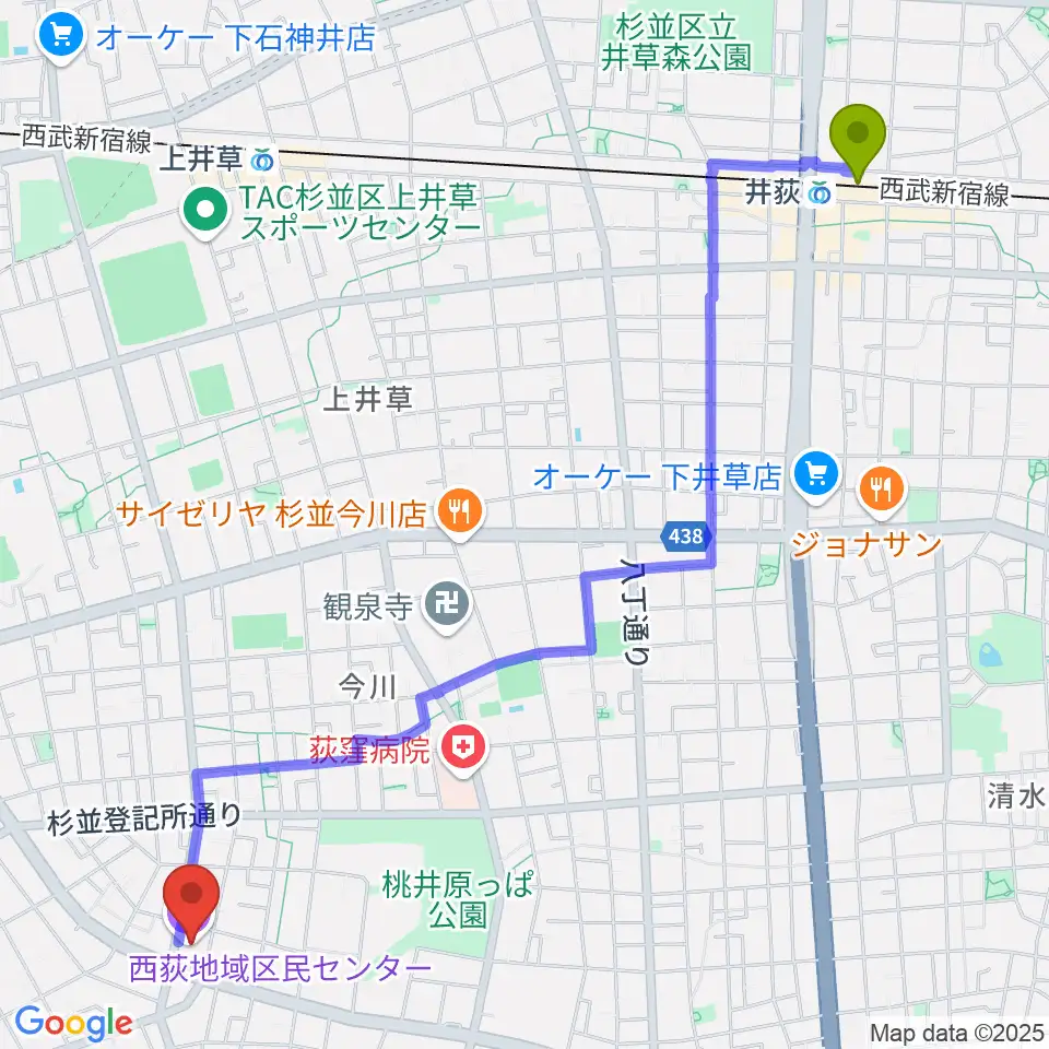 井荻駅から西荻地域区民センターへのルートマップ地図