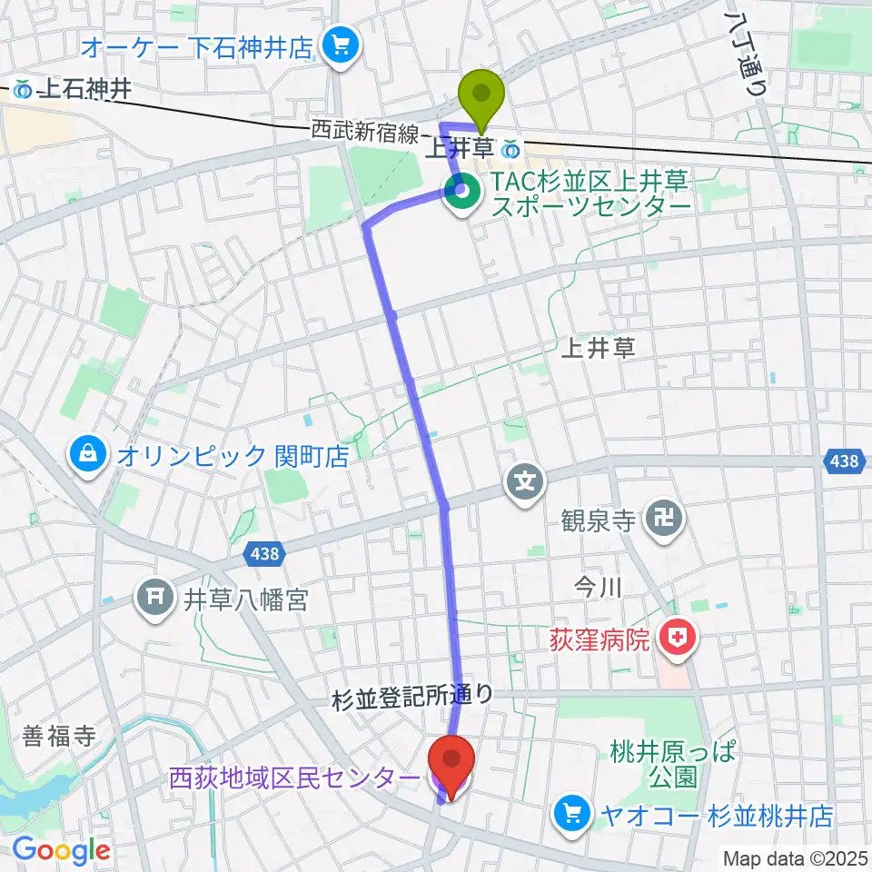 上井草駅から西荻地域区民センターへのルートマップ地図