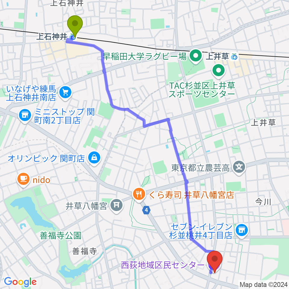 上石神井駅から西荻地域区民センターへのルートマップ地図