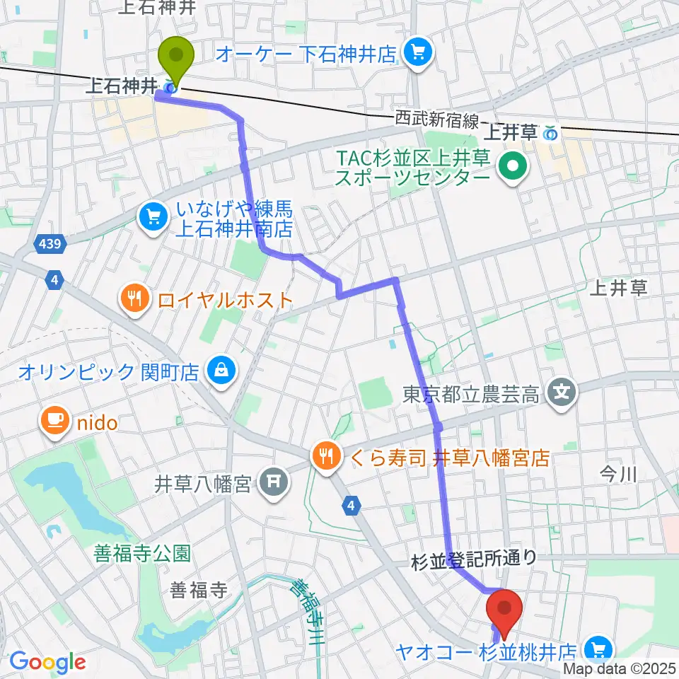 上石神井駅から西荻地域区民センターへのルートマップ地図