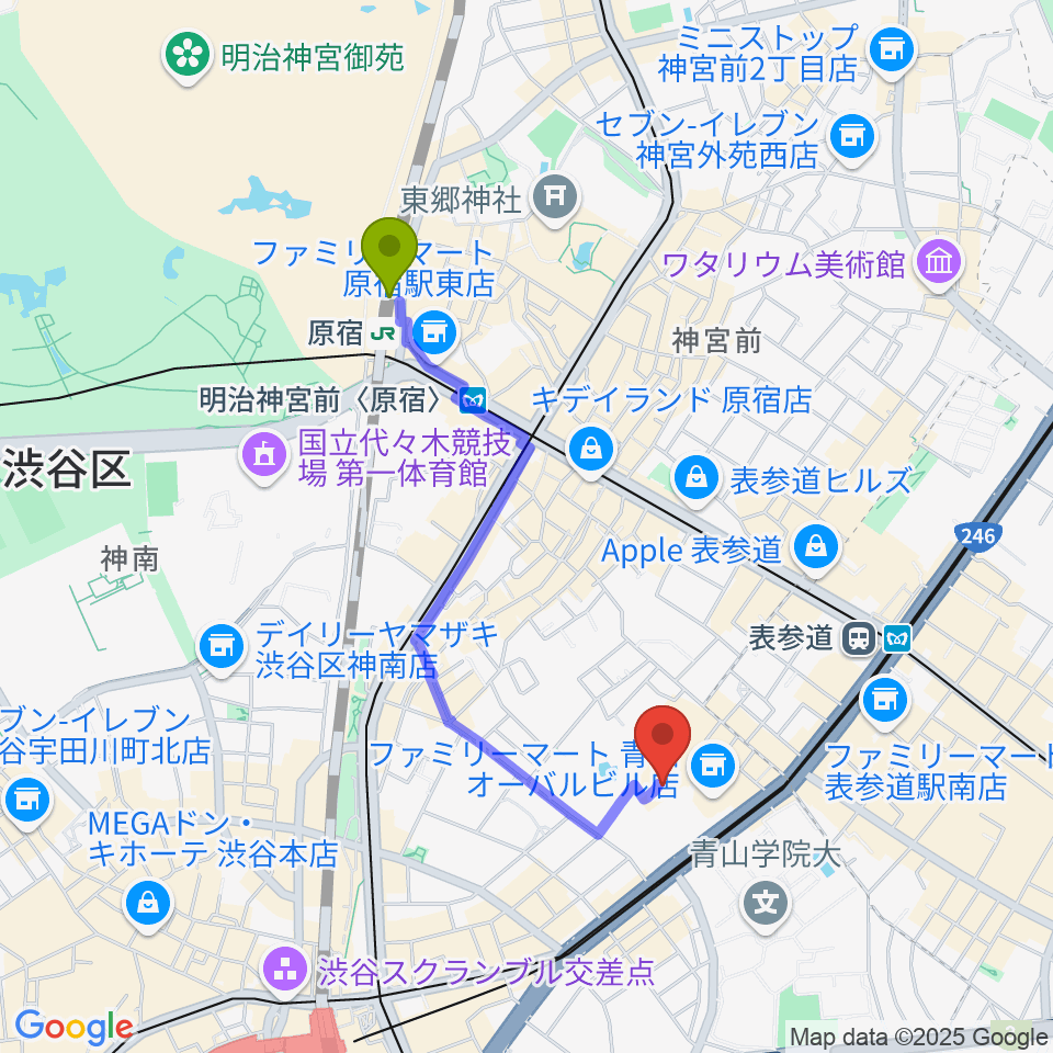 原宿駅から東京ウィメンズプラザへのルートマップ地図