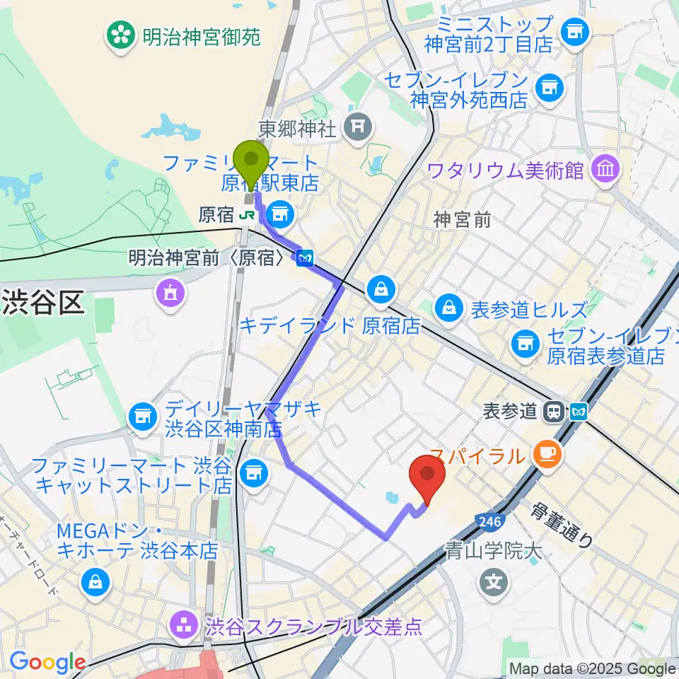 原宿駅から東京ウィメンズプラザへのルートマップ地図