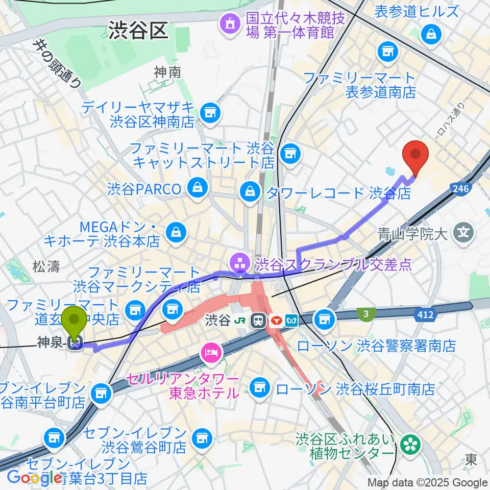 神泉駅から東京ウィメンズプラザへのルートマップ地図