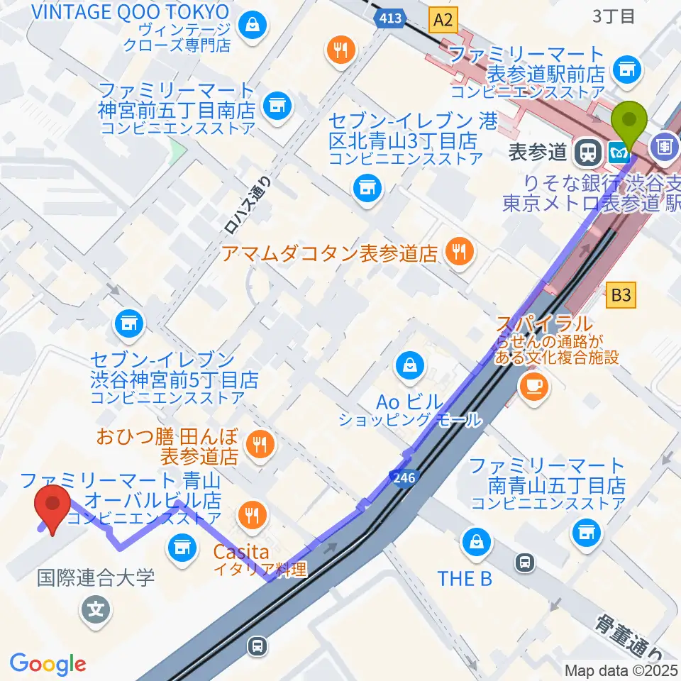 東京ウィメンズプラザの最寄駅表参道駅からの徒歩ルート（約8分）地図