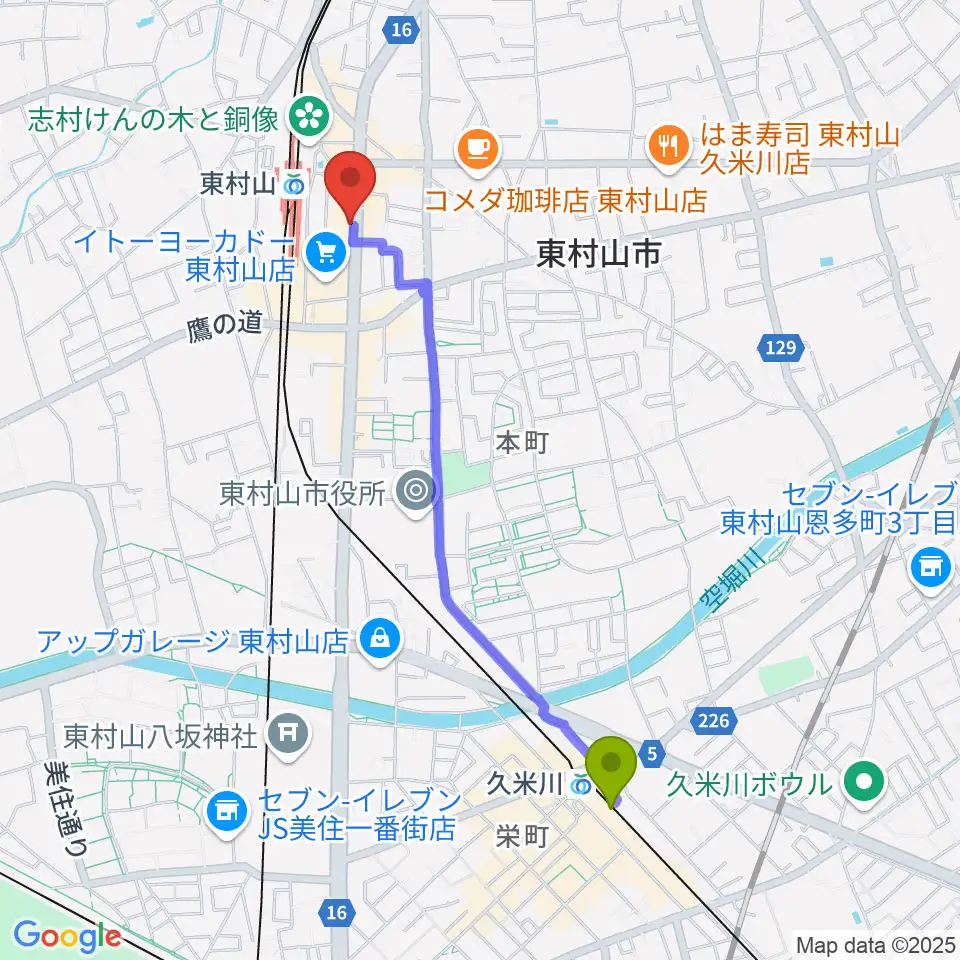 久米川駅から東村山市立中央公民館へのルートマップ地図