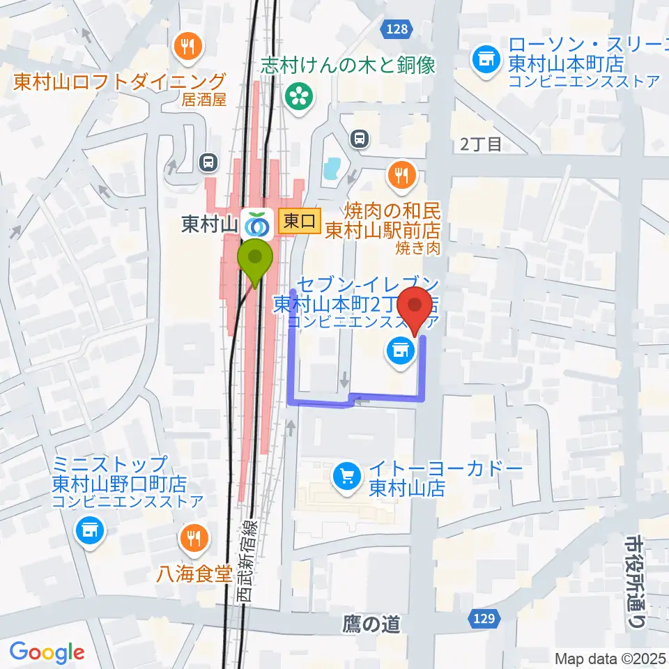 東村山市立中央公民館の最寄駅東村山駅からの徒歩ルート（約2分）地図