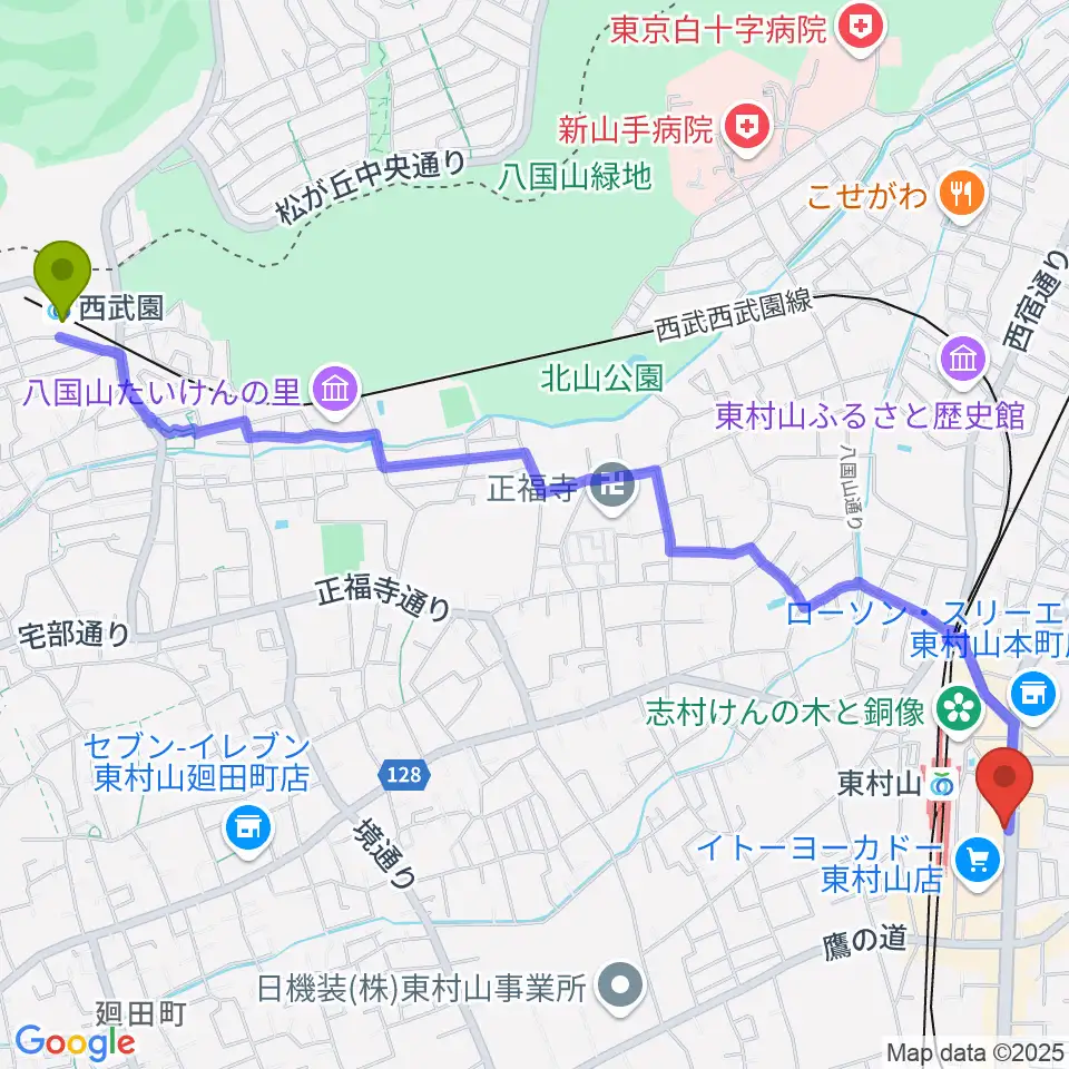 西武園駅から東村山市立中央公民館へのルートマップ地図
