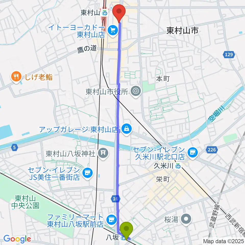 八坂駅から東村山市立中央公民館へのルートマップ地図