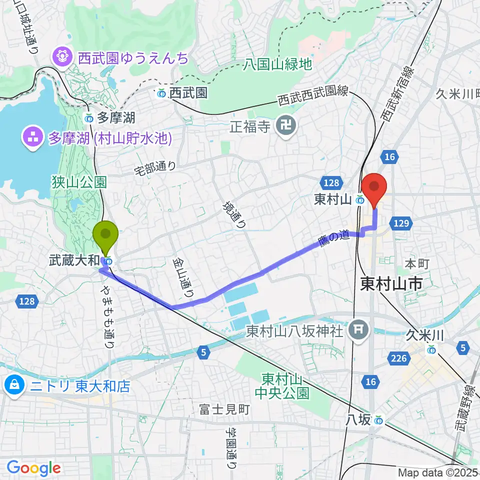 武蔵大和駅から東村山市立中央公民館へのルートマップ地図