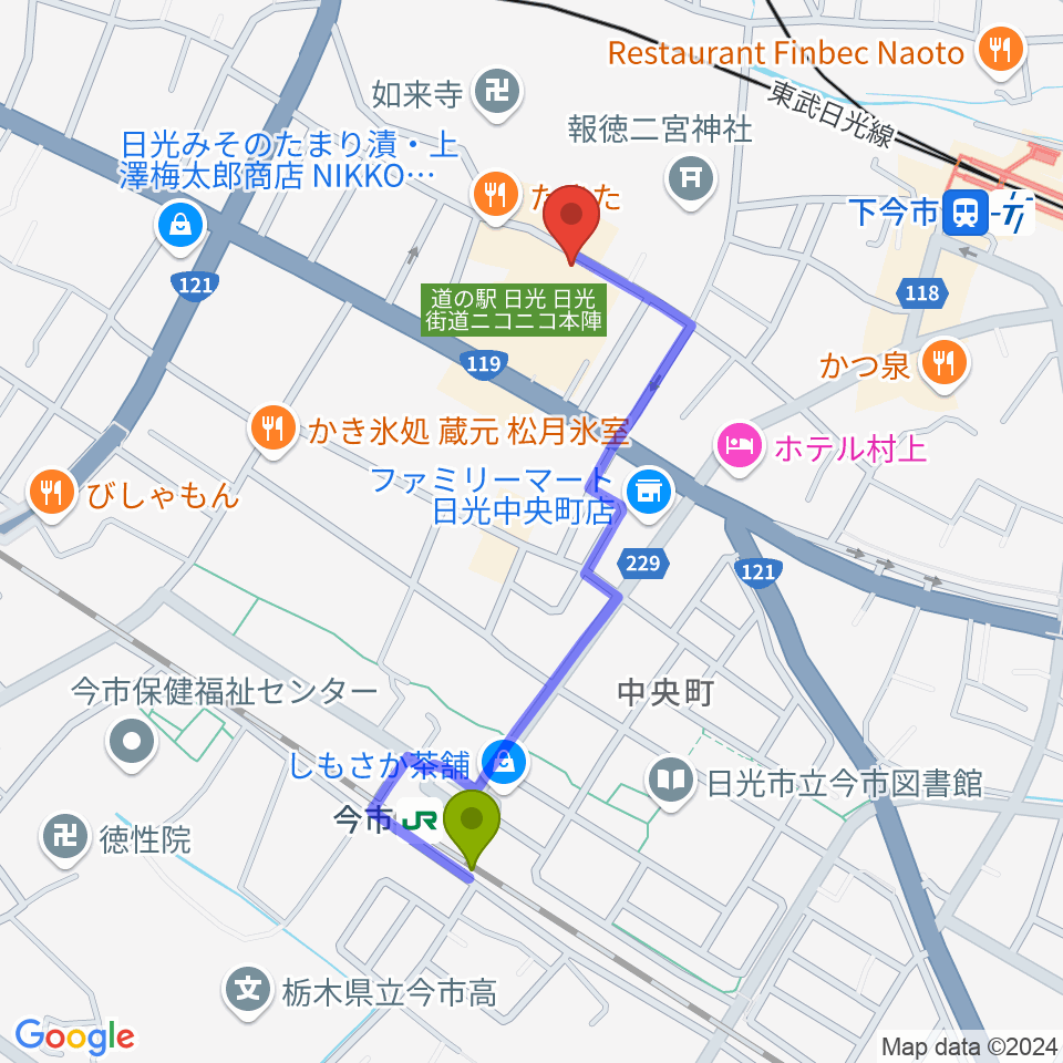 今市駅から道の駅日光・ニコニコホールへのルートマップ地図