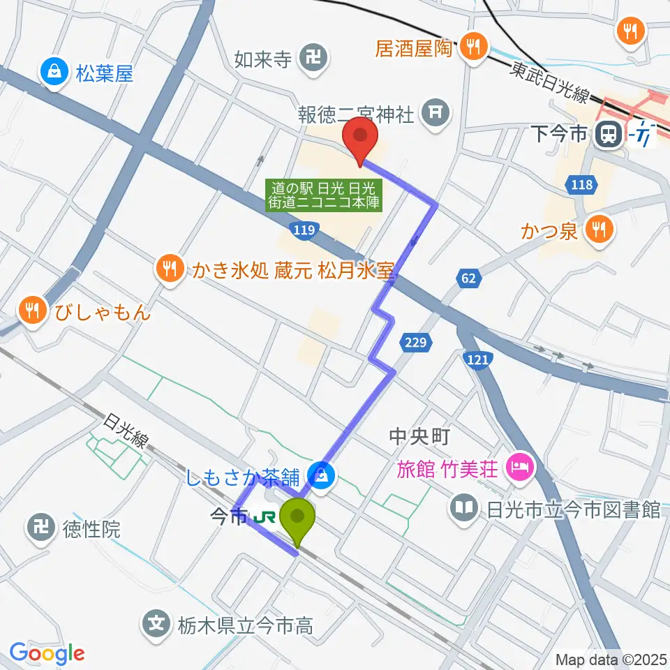 今市駅から道の駅日光・ニコニコホールへのルートマップ地図