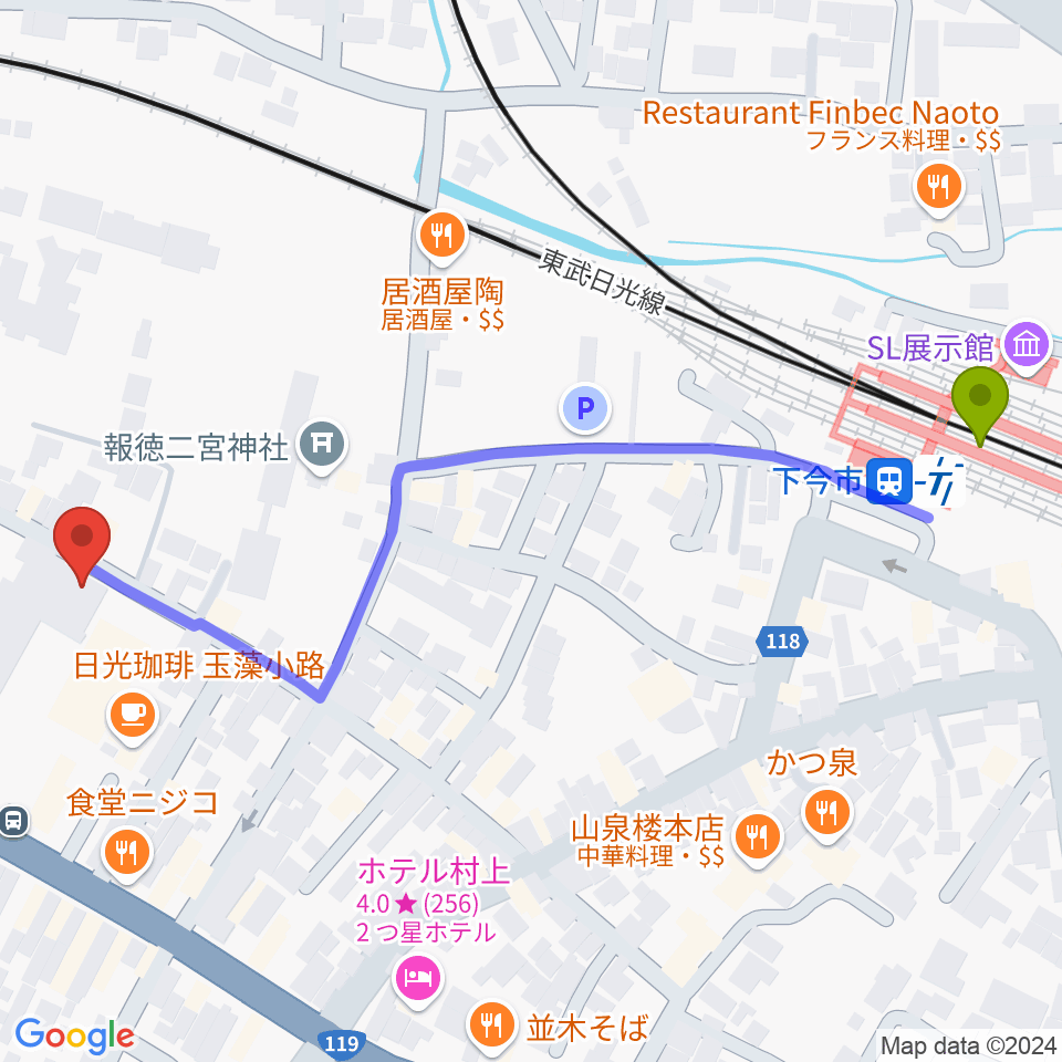 道の駅日光・ニコニコホールの最寄駅下今市駅からの徒歩ルート（約7分）地図