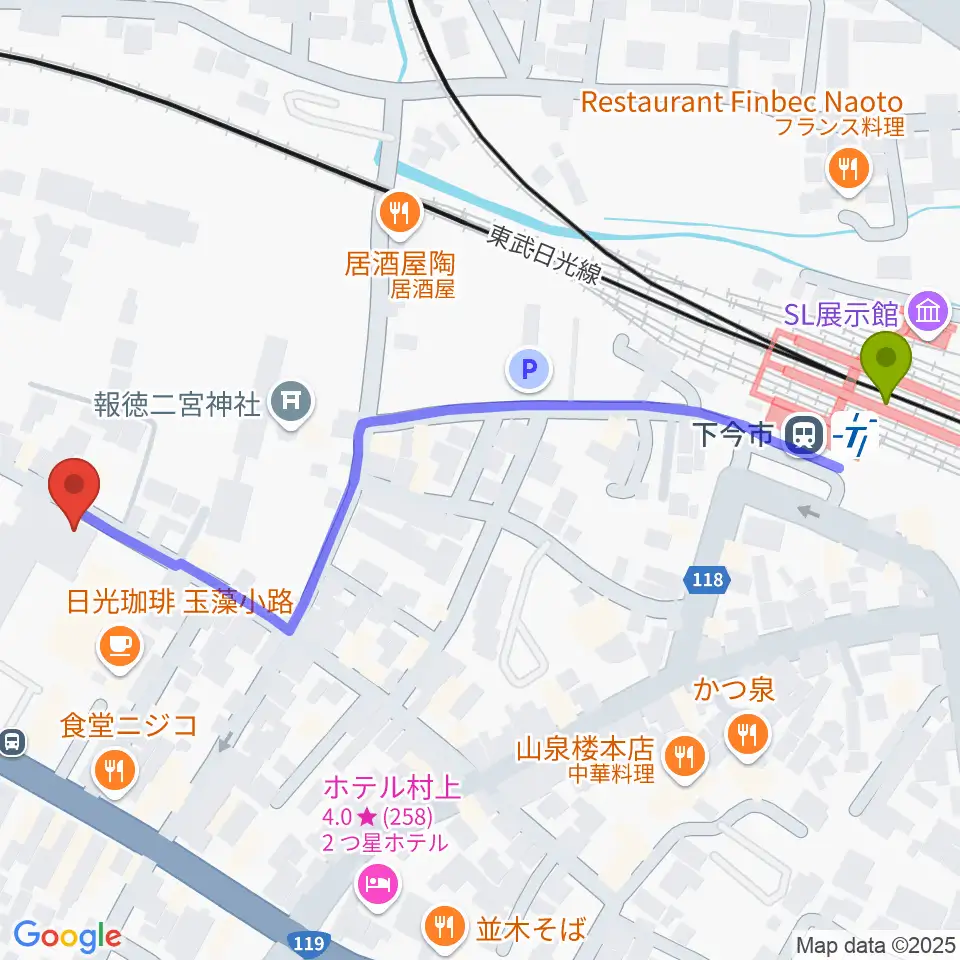 道の駅日光・ニコニコホールの最寄駅下今市駅からの徒歩ルート（約7分）地図