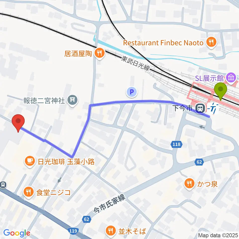 道の駅日光・ニコニコホールの最寄駅下今市駅からの徒歩ルート（約7分）地図