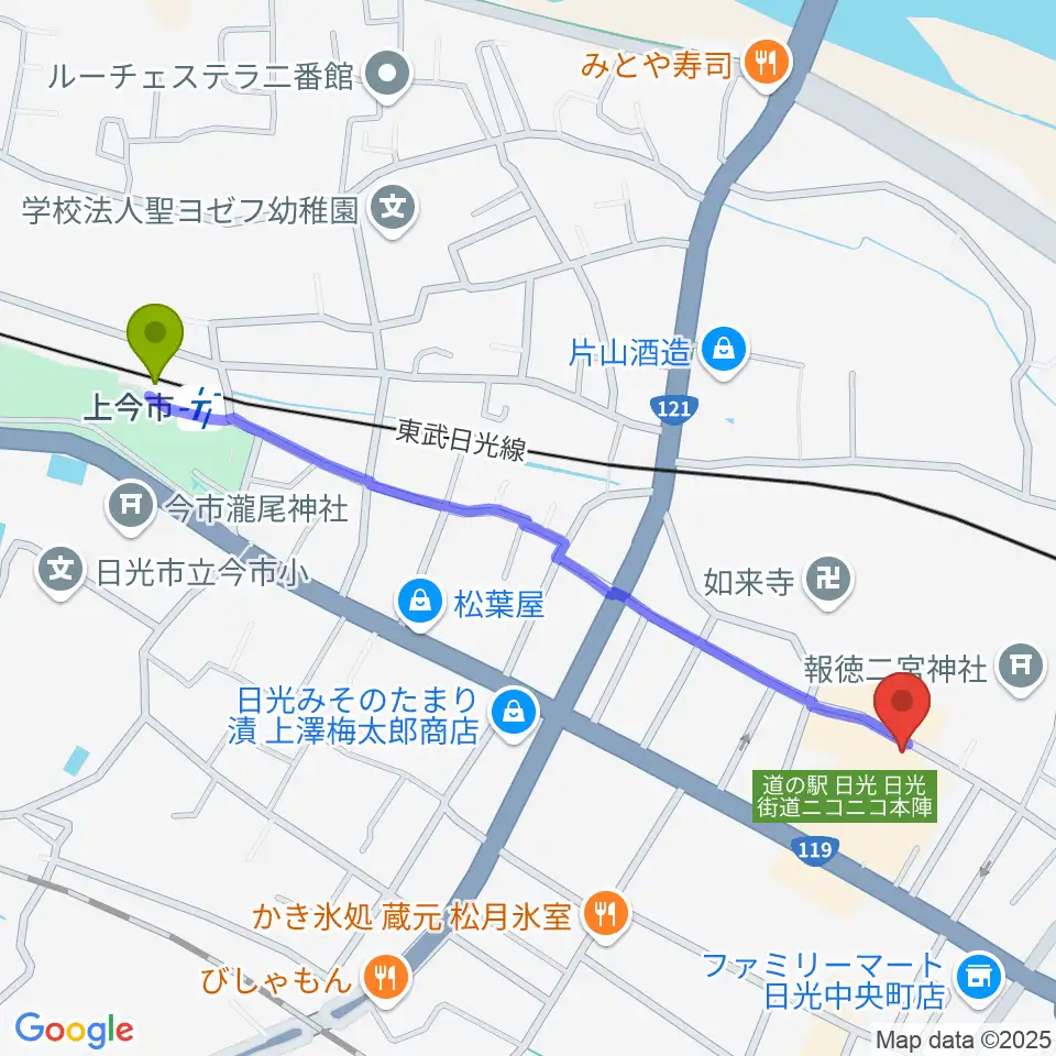 上今市駅から道の駅日光・ニコニコホールへのルートマップ地図