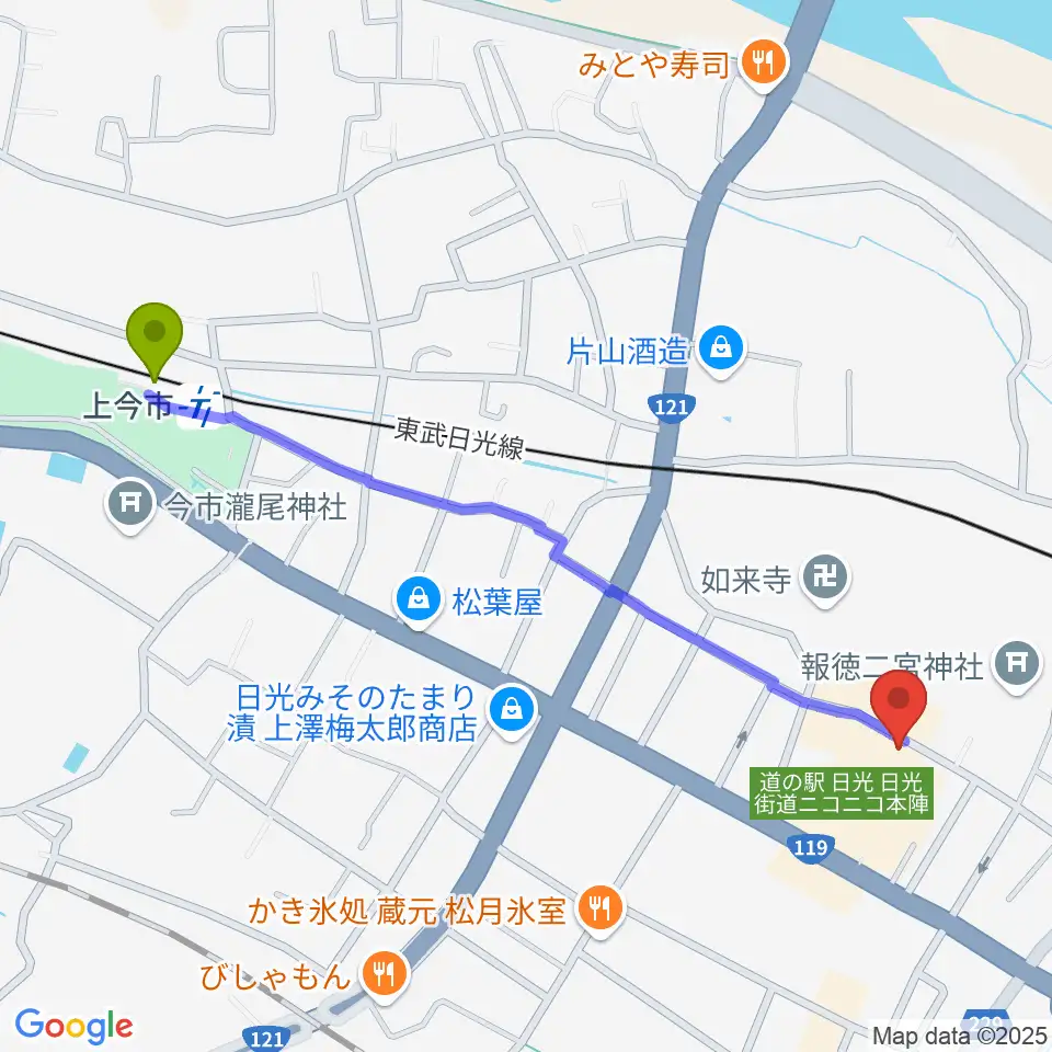 上今市駅から道の駅日光・ニコニコホールへのルートマップ地図