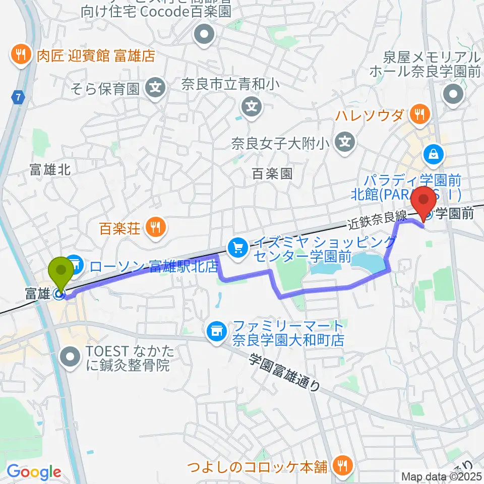 富雄駅から学園前ホールへのルートマップ地図