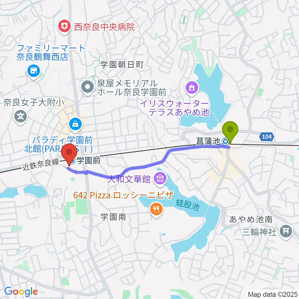 菖蒲池駅から学園前ホールへのルートマップ地図