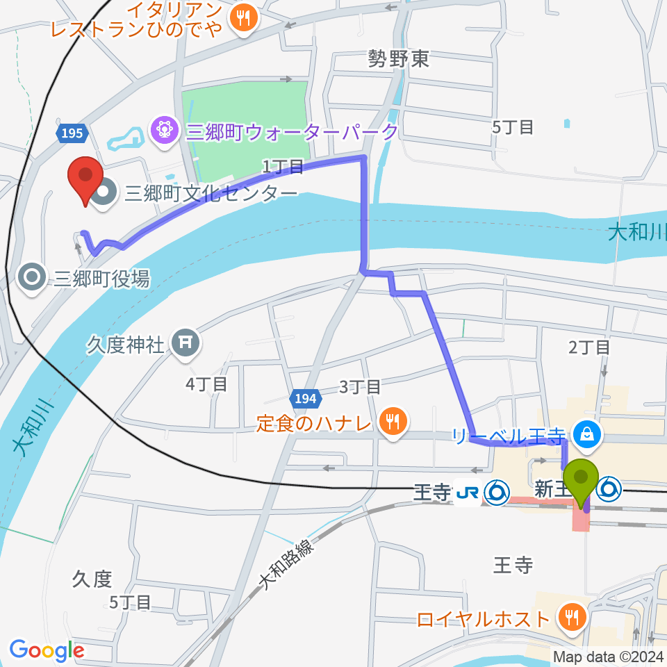 王寺駅から三郷町文化センターへのルートマップ地図