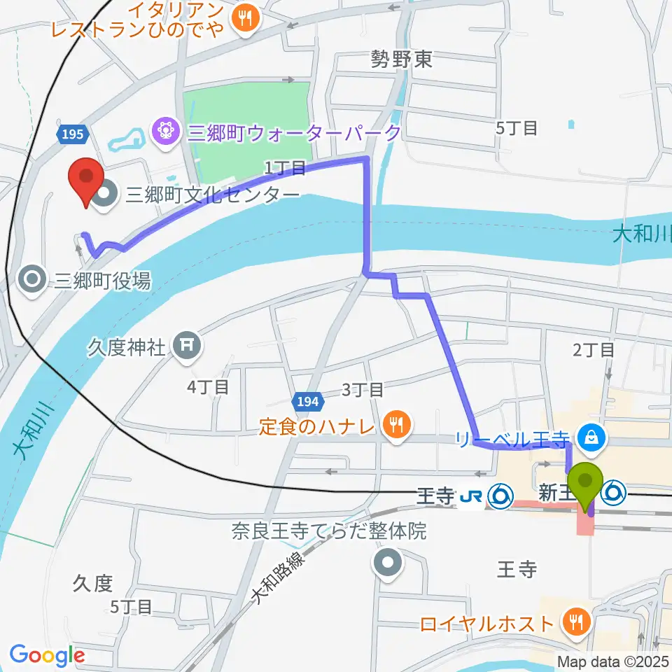 王寺駅から三郷町文化センターへのルートマップ地図