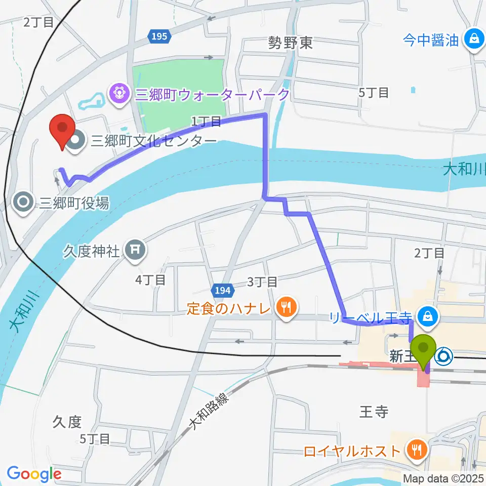 王寺駅から三郷町文化センターへのルートマップ地図