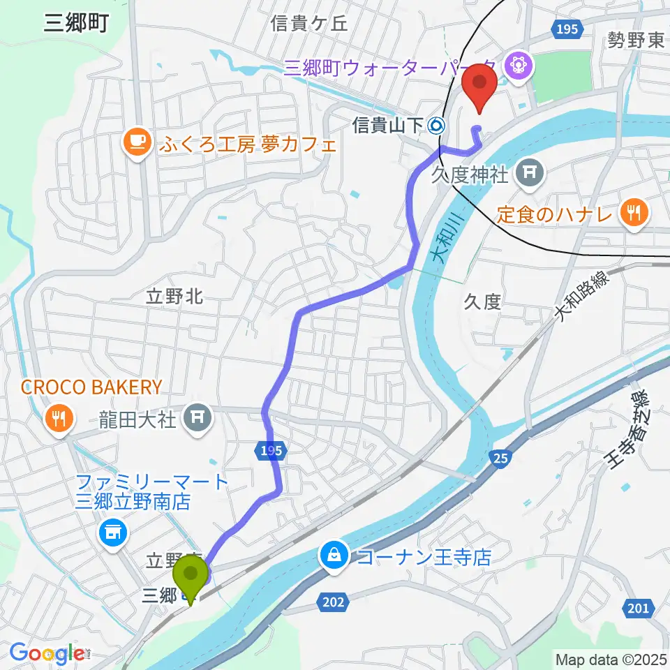 三郷駅から三郷町文化センターへのルートマップ地図
