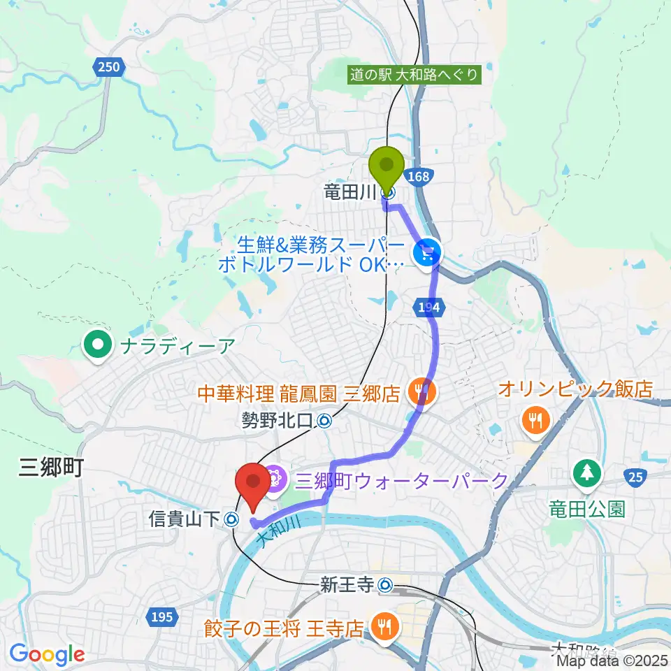 竜田川駅から三郷町文化センターへのルートマップ地図