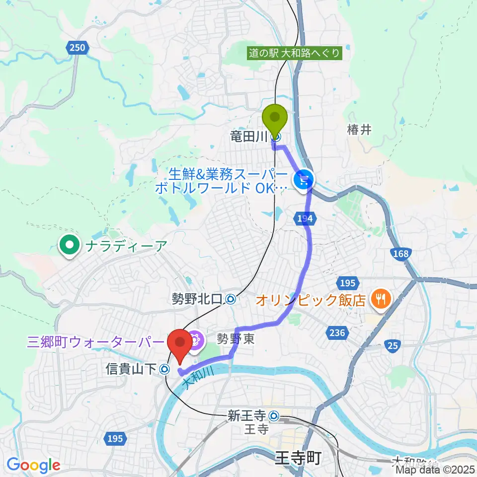 竜田川駅から三郷町文化センターへのルートマップ地図