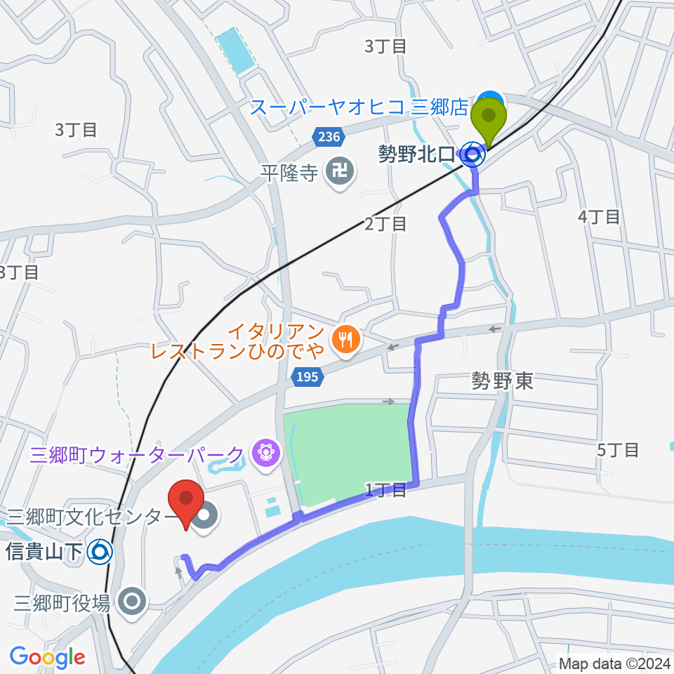 勢野北口駅から三郷町文化センターへのルートマップ地図