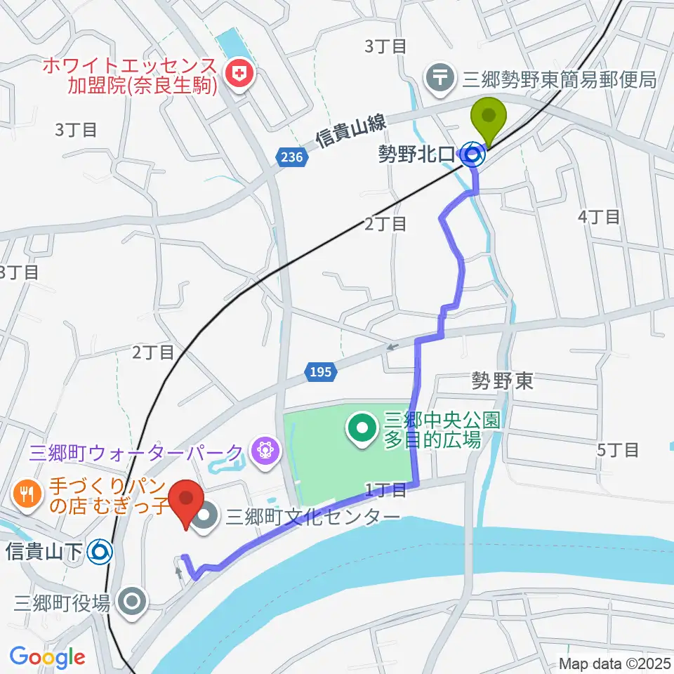 勢野北口駅から三郷町文化センターへのルートマップ地図