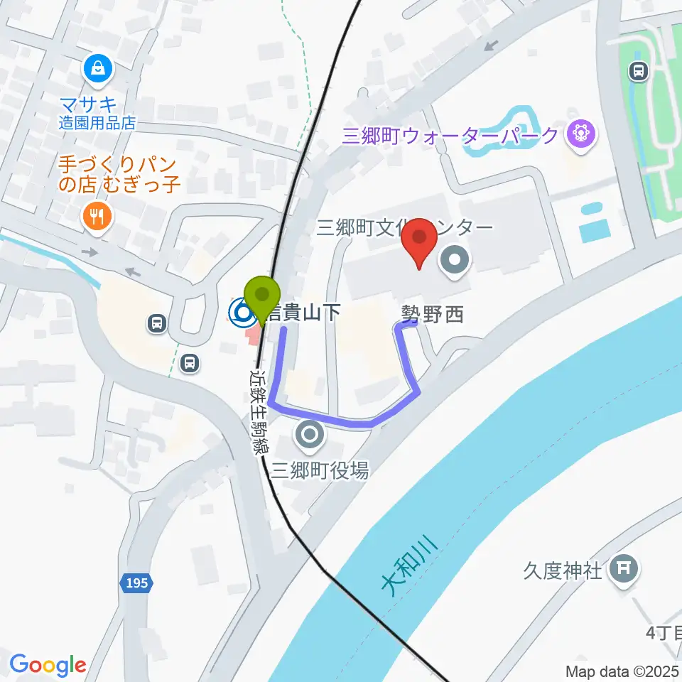 三郷町文化センターの最寄駅信貴山下駅からの徒歩ルート（約2分）地図