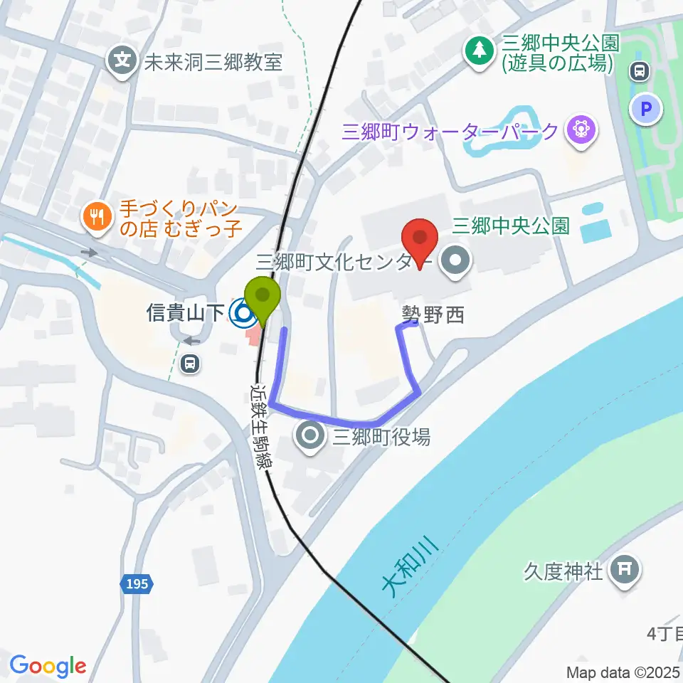 三郷町文化センターの最寄駅信貴山下駅からの徒歩ルート（約2分）地図