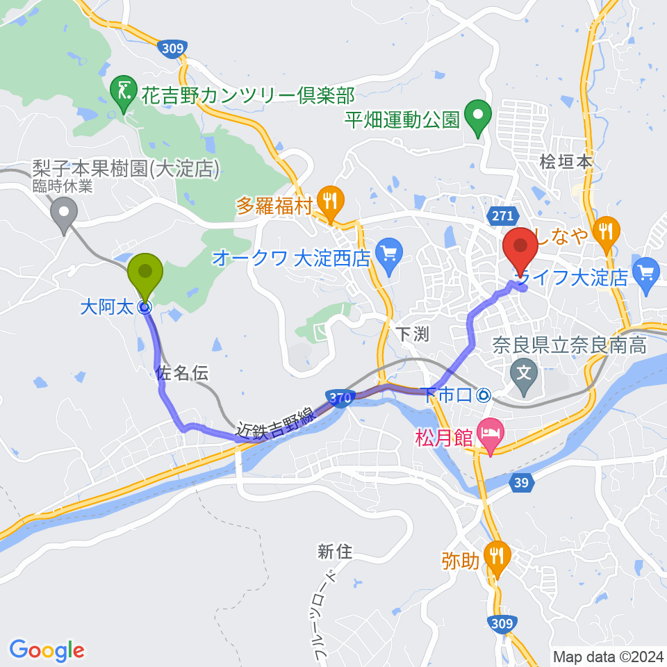 大阿太駅から大淀町文化会館へのルートマップ地図