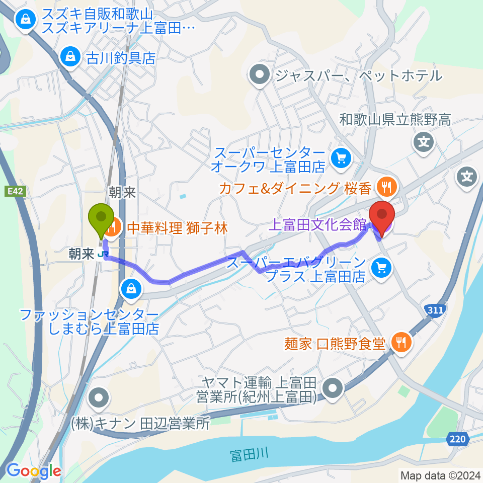 上富田文化会館の最寄駅朝来駅からの徒歩ルート（約19分）地図