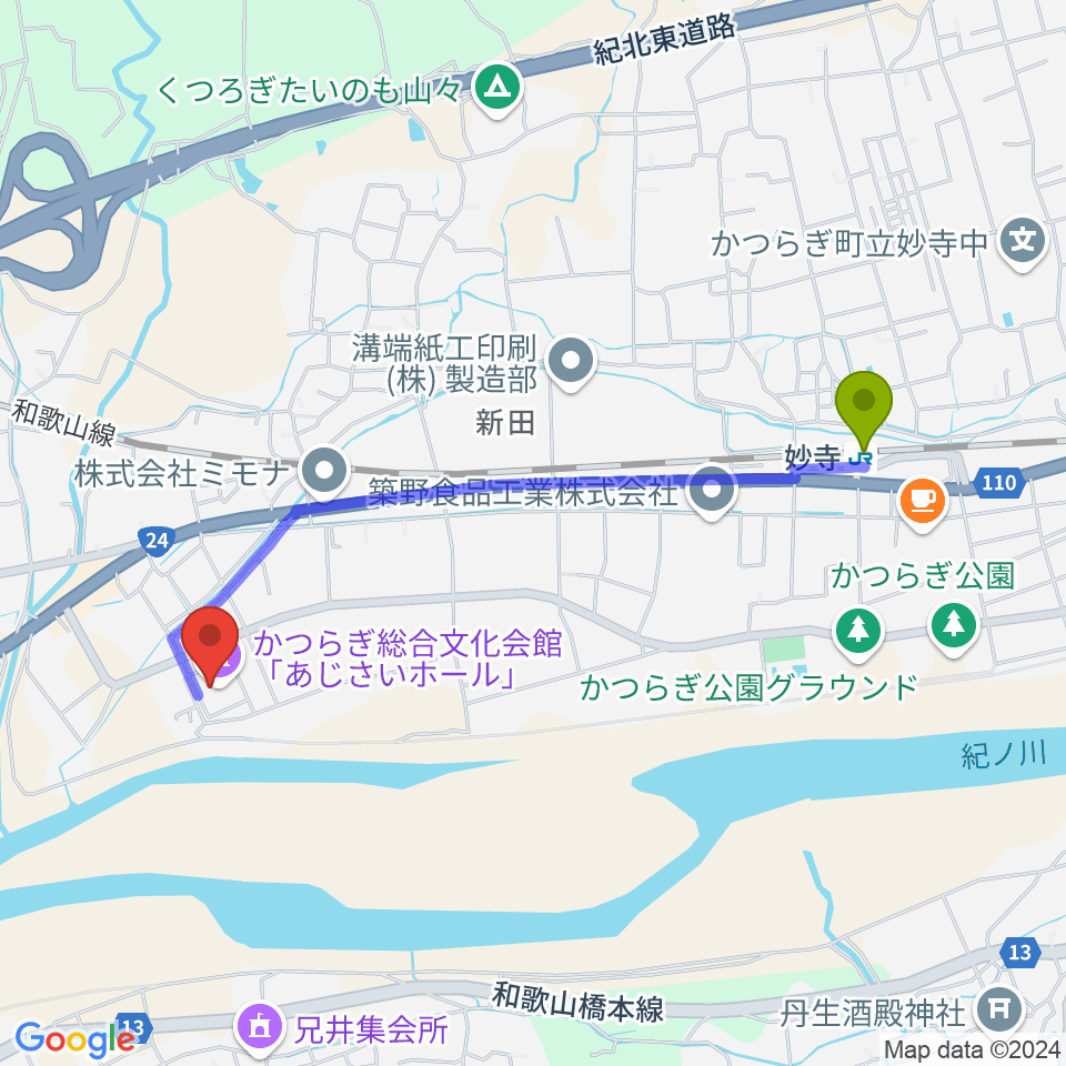 妙寺駅からかつらぎ総合文化会館あじさいホールへのルートマップ地図