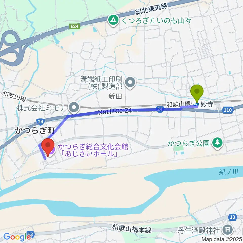妙寺駅からかつらぎ総合文化会館あじさいホールへのルートマップ地図