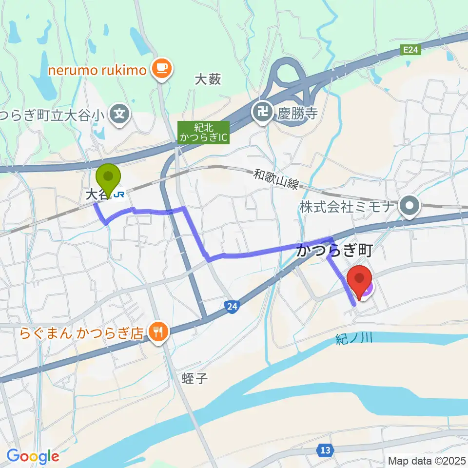 かつらぎ総合文化会館あじさいホールの最寄駅大谷駅からの徒歩ルート（約18分）地図