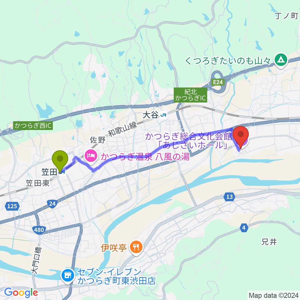 笠田駅からかつらぎ総合文化会館あじさいホールへのルートマップ地図