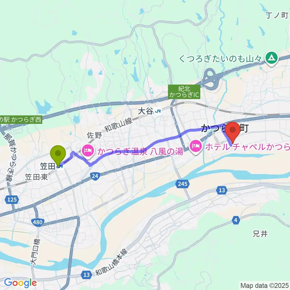 笠田駅からかつらぎ総合文化会館あじさいホールへのルートマップ地図