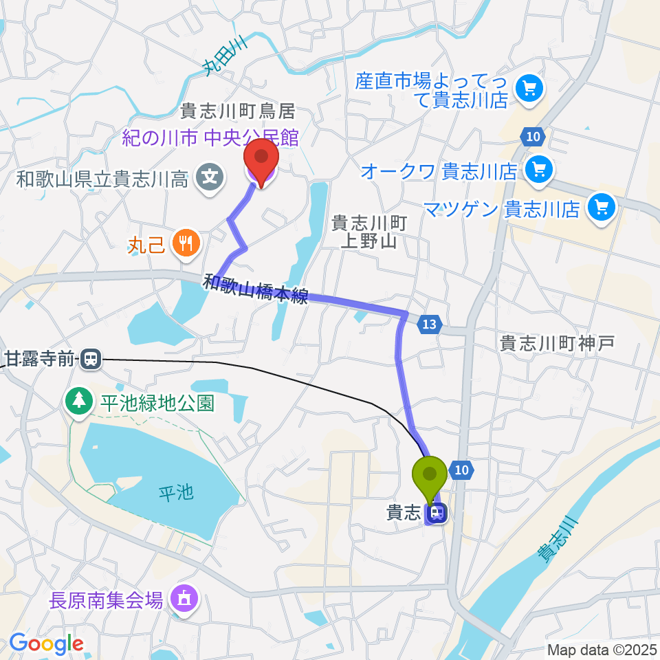 貴志駅から貴志川生涯学習センターへのルートマップ地図