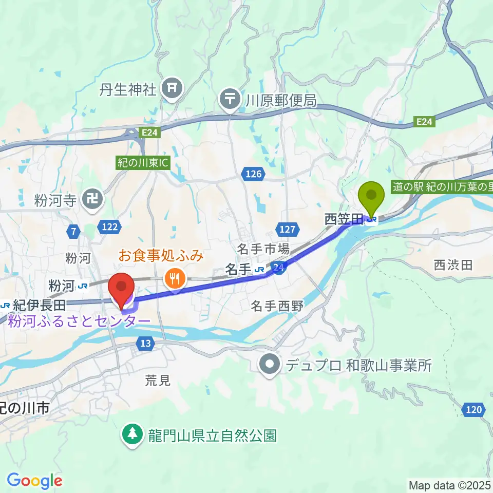 西笠田駅から粉河ふるさとセンターへのルートマップ地図