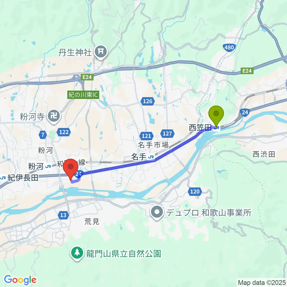 西笠田駅から粉河ふるさとセンターへのルートマップ地図