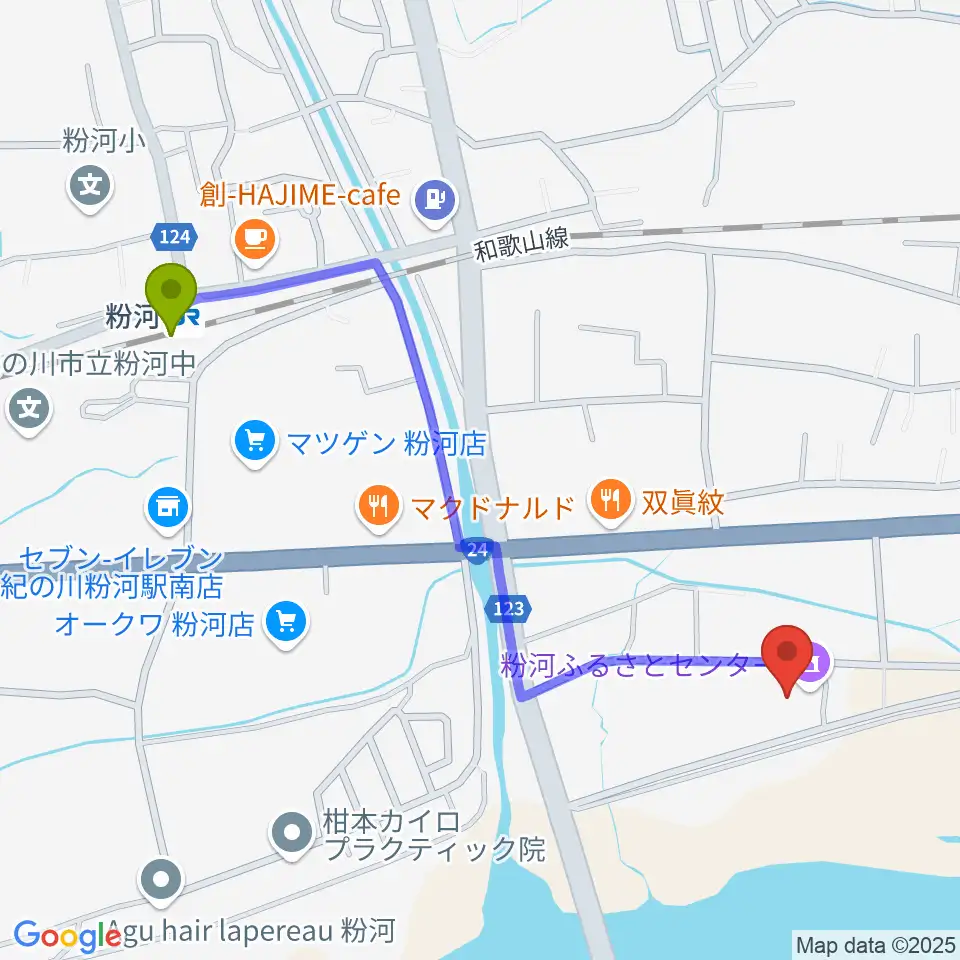 粉河ふるさとセンターの最寄駅粉河駅からの徒歩ルート（約12分）地図