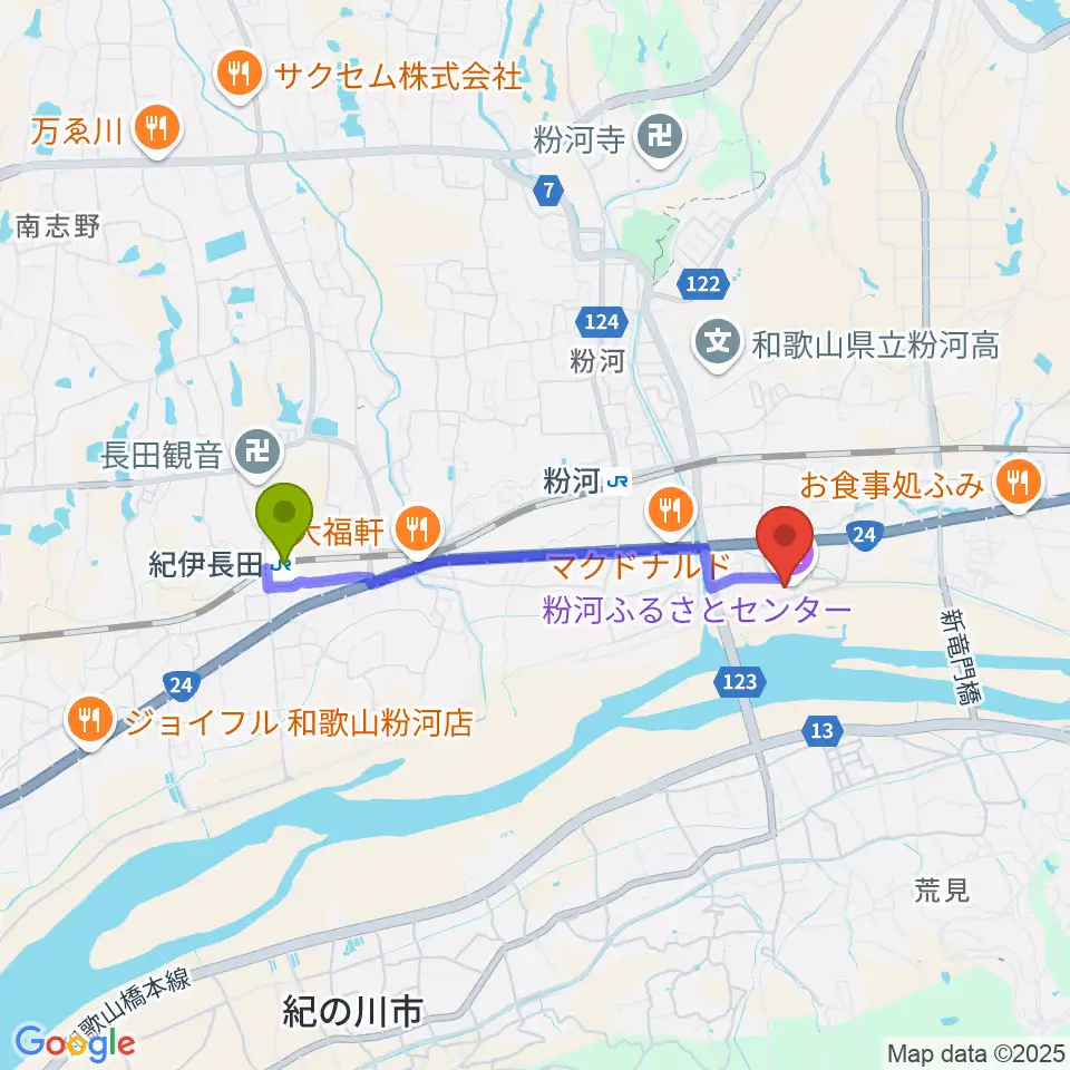 紀伊長田駅から粉河ふるさとセンターへのルートマップ地図