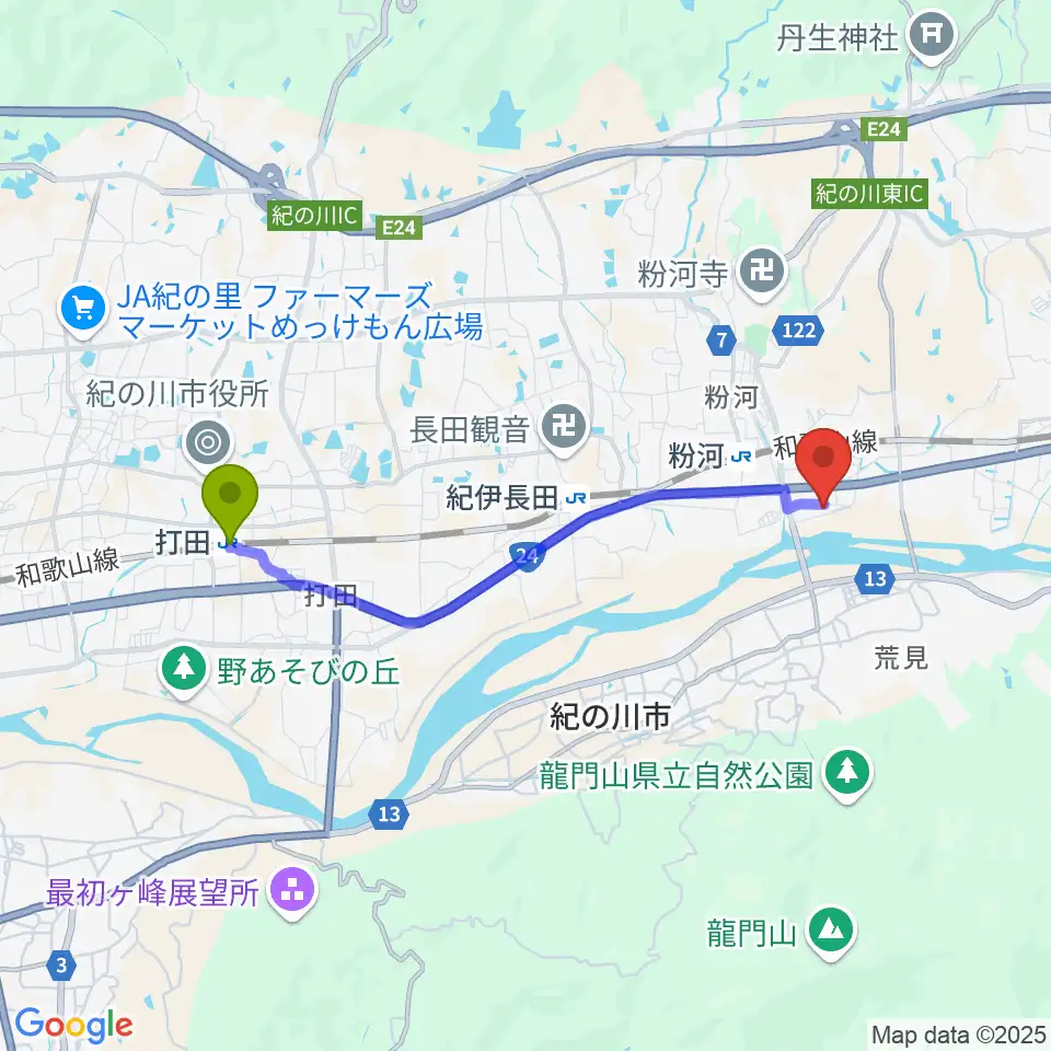 打田駅から粉河ふるさとセンターへのルートマップ地図