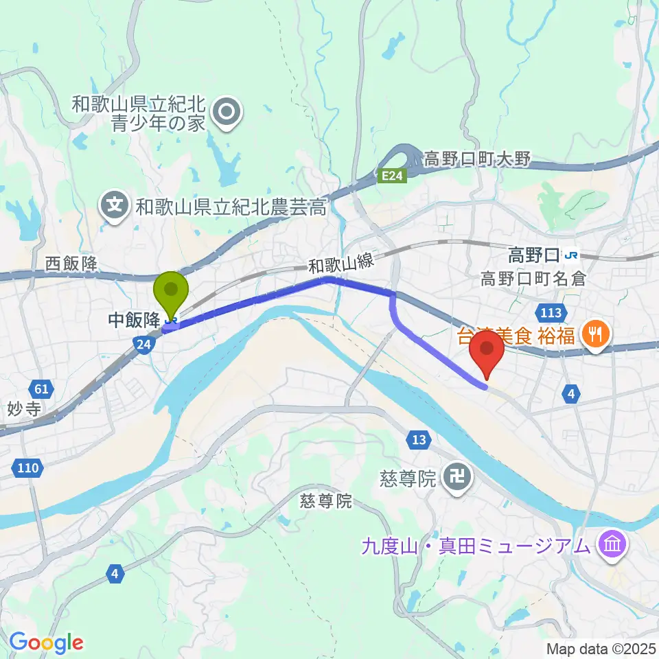 中飯降駅から橋本市サカイキャニング産業文化会館アザレアへのルートマップ地図