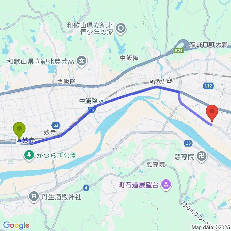 妙寺駅から橋本市サカイキャニング産業文化会館アザレアへのルートマップ地図