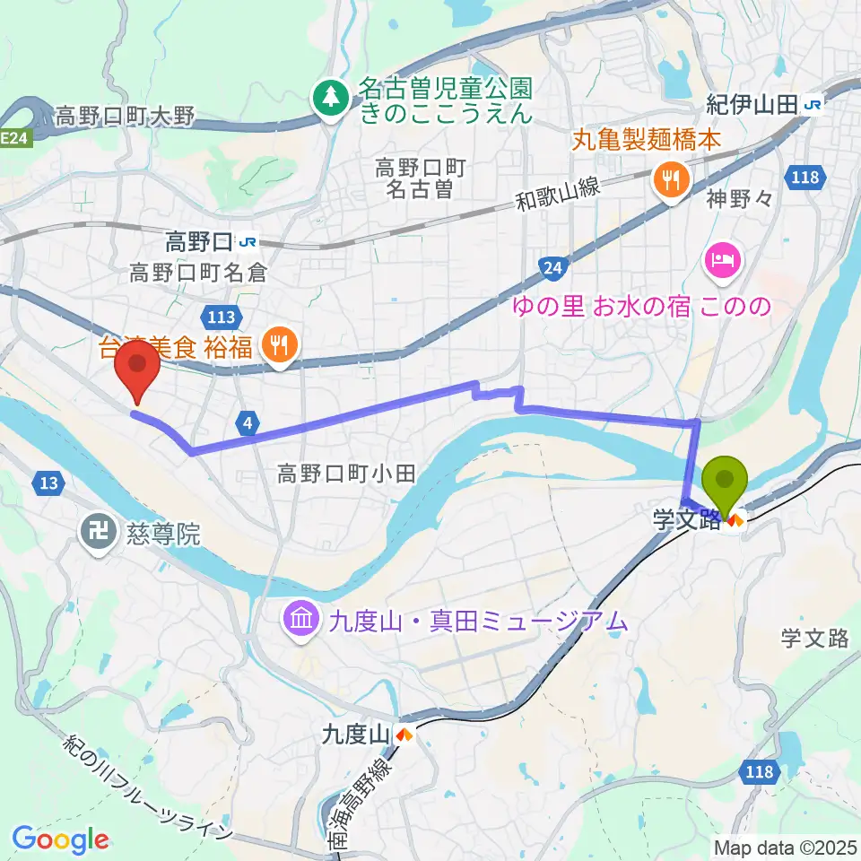 学文路駅から橋本市サカイキャニング産業文化会館アザレアへのルートマップ地図